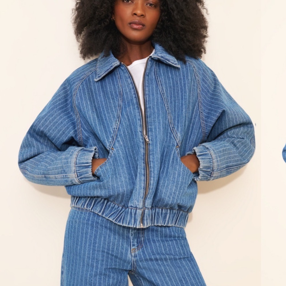 Hosbjerg Striped Lined Denim Jacket Womens XS/S Full Zip Retro Thick Warm Cozy